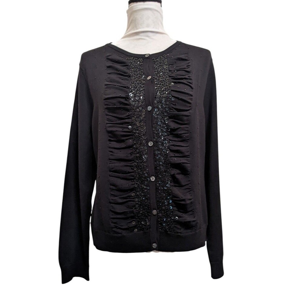 Liz Claiborne Black Ruched & Sequin Button-Front Silk Blend Cardigan XL